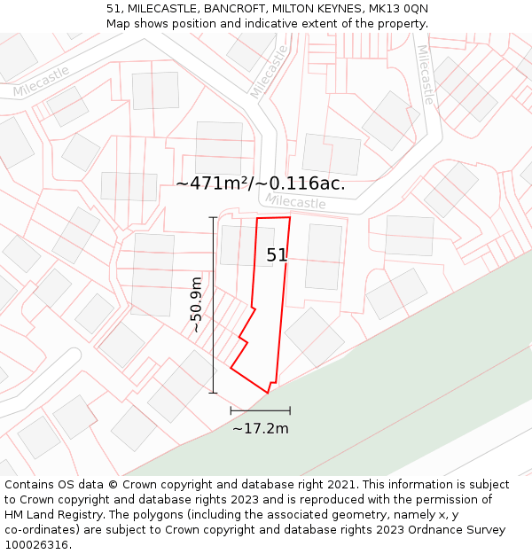 51, MILECASTLE, BANCROFT, MILTON KEYNES, MK13 0QN: Plot and title map