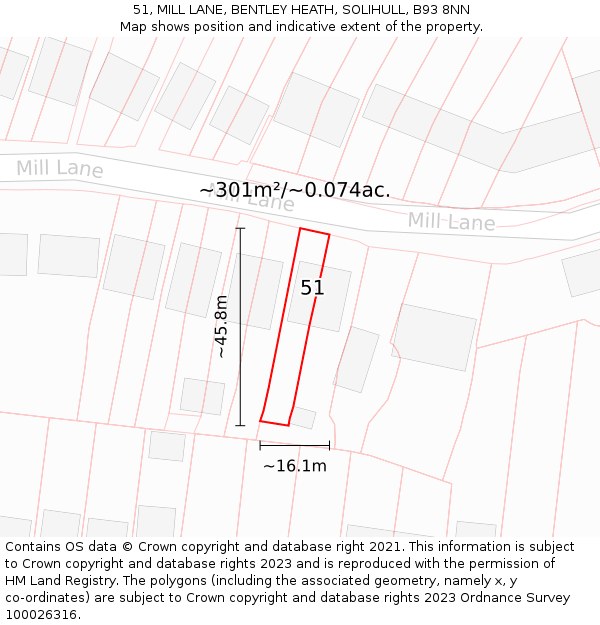 51, MILL LANE, BENTLEY HEATH, SOLIHULL, B93 8NN: Plot and title map