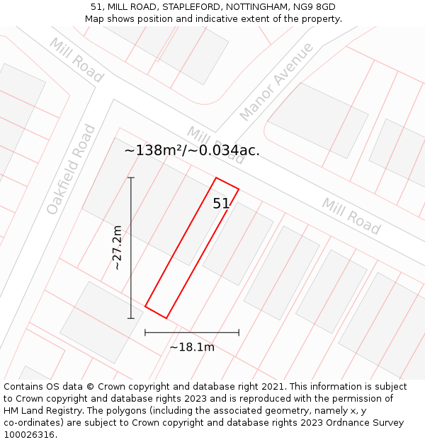 51, MILL ROAD, STAPLEFORD, NOTTINGHAM, NG9 8GD: Plot and title map