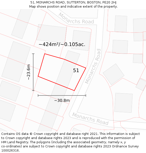 51, MONARCHS ROAD, SUTTERTON, BOSTON, PE20 2HJ: Plot and title map