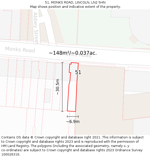 51, MONKS ROAD, LINCOLN, LN2 5HN: Plot and title map