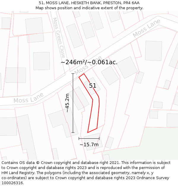 51, MOSS LANE, HESKETH BANK, PRESTON, PR4 6AA: Plot and title map