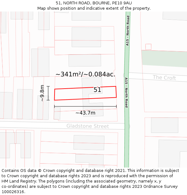 51, NORTH ROAD, BOURNE, PE10 9AU: Plot and title map