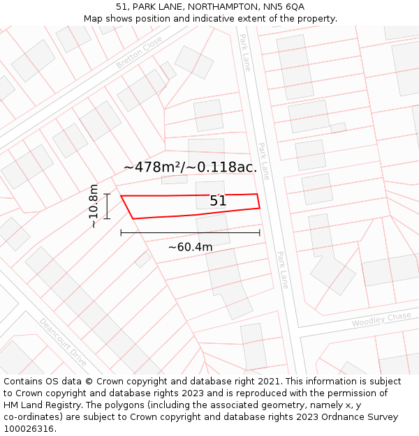 51, PARK LANE, NORTHAMPTON, NN5 6QA: Plot and title map