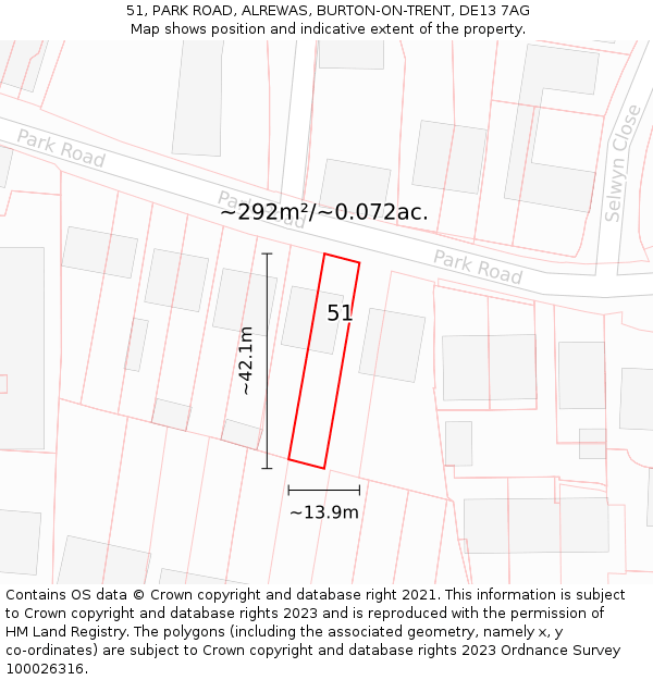 51, PARK ROAD, ALREWAS, BURTON-ON-TRENT, DE13 7AG: Plot and title map