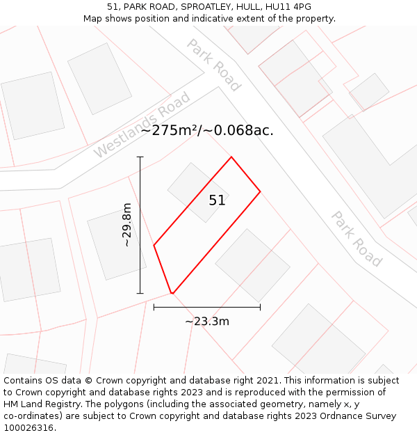 51, PARK ROAD, SPROATLEY, HULL, HU11 4PG: Plot and title map