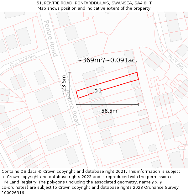 51, PENTRE ROAD, PONTARDDULAIS, SWANSEA, SA4 8HT: Plot and title map