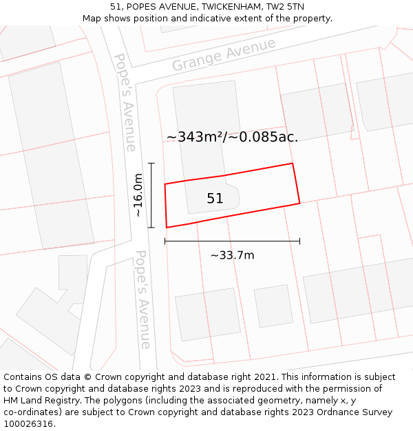 51, POPES AVENUE, TWICKENHAM, TW2 5TN: Plot and title map