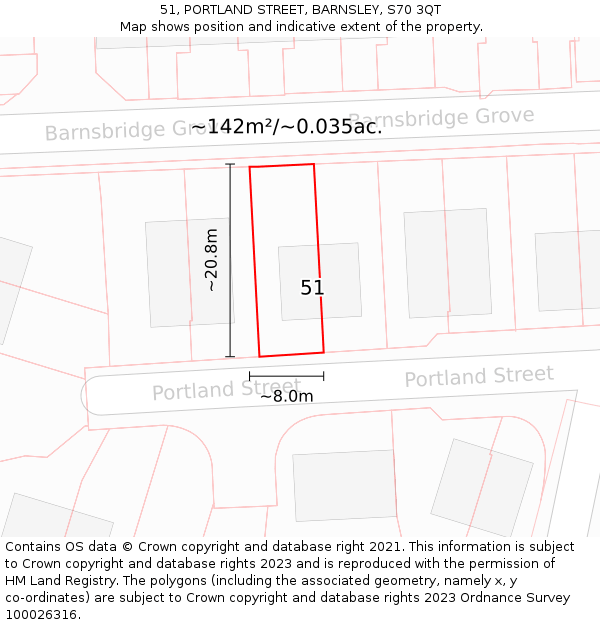 51, PORTLAND STREET, BARNSLEY, S70 3QT: Plot and title map