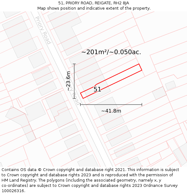 51, PRIORY ROAD, REIGATE, RH2 8JA: Plot and title map