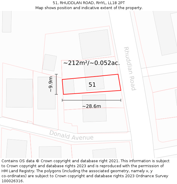 51, RHUDDLAN ROAD, RHYL, LL18 2PT: Plot and title map