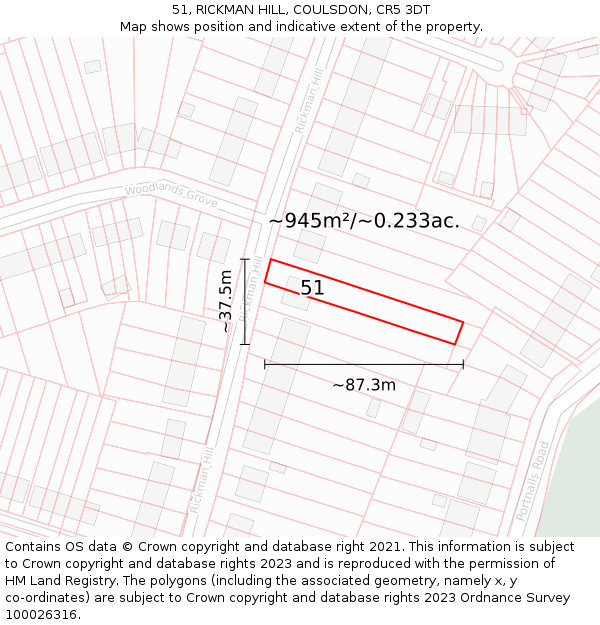 51, RICKMAN HILL, COULSDON, CR5 3DT: Plot and title map