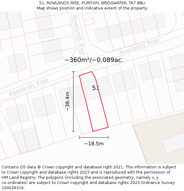 51, ROWLANDS RISE, PURITON, BRIDGWATER, TA7 8BU: Plot and title map