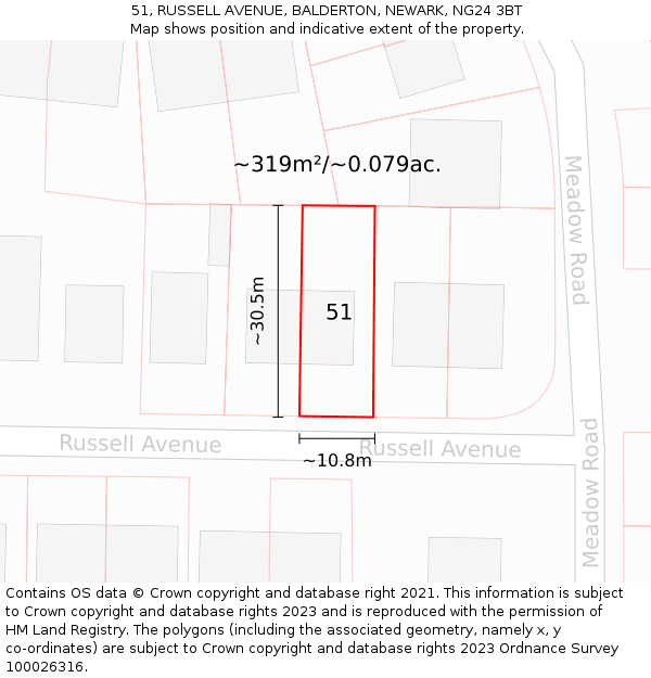 51, RUSSELL AVENUE, BALDERTON, NEWARK, NG24 3BT: Plot and title map