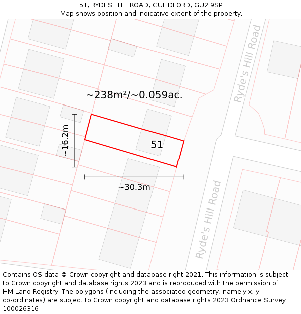 51, RYDES HILL ROAD, GUILDFORD, GU2 9SP: Plot and title map