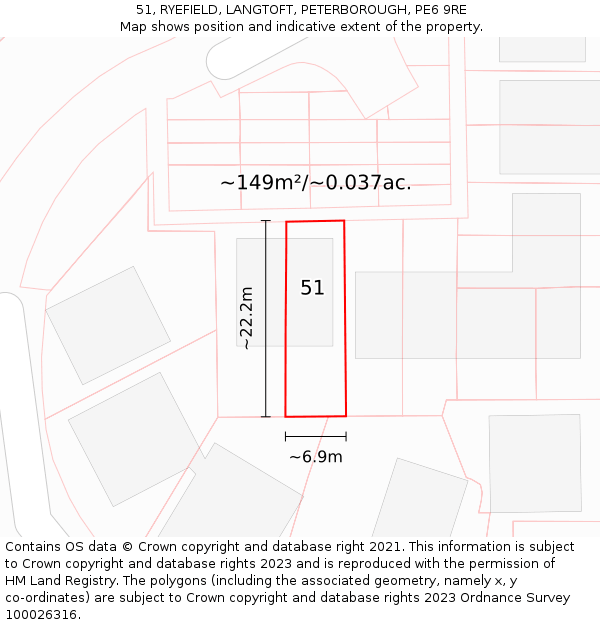 51, RYEFIELD, LANGTOFT, PETERBOROUGH, PE6 9RE: Plot and title map