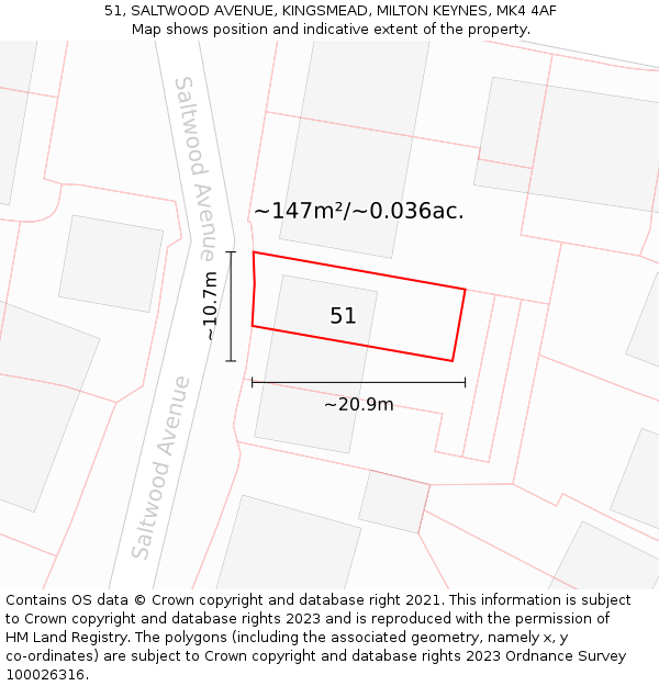 51, SALTWOOD AVENUE, KINGSMEAD, MILTON KEYNES, MK4 4AF: Plot and title map