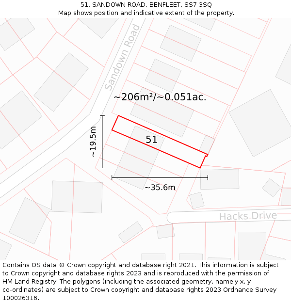 51, SANDOWN ROAD, BENFLEET, SS7 3SQ: Plot and title map