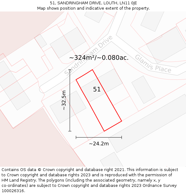 51, SANDRINGHAM DRIVE, LOUTH, LN11 0JE: Plot and title map