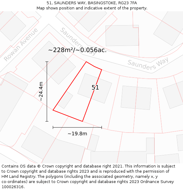 51, SAUNDERS WAY, BASINGSTOKE, RG23 7FA: Plot and title map