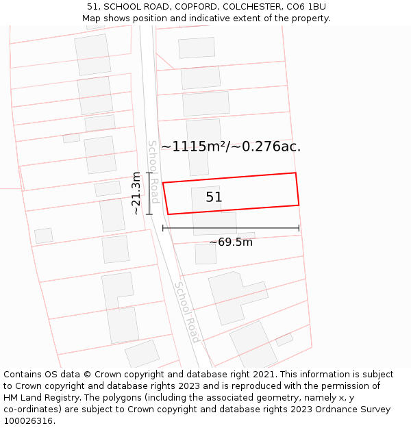 51, SCHOOL ROAD, COPFORD, COLCHESTER, CO6 1BU: Plot and title map