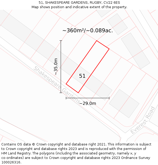 51, SHAKESPEARE GARDENS, RUGBY, CV22 6ES: Plot and title map