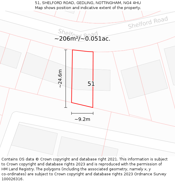 51, SHELFORD ROAD, GEDLING, NOTTINGHAM, NG4 4HU: Plot and title map