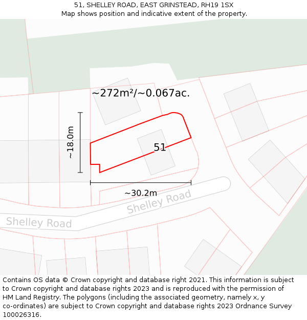 51, SHELLEY ROAD, EAST GRINSTEAD, RH19 1SX: Plot and title map