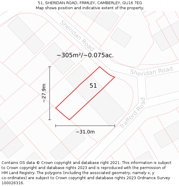 51, SHERIDAN ROAD, FRIMLEY, CAMBERLEY, GU16 7EG: Plot and title map