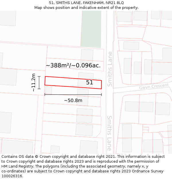 51, SMITHS LANE, FAKENHAM, NR21 8LQ: Plot and title map
