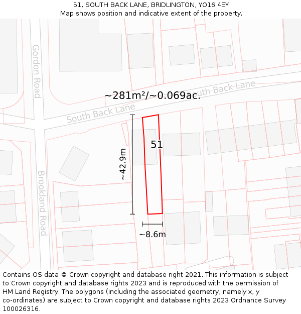 51, SOUTH BACK LANE, BRIDLINGTON, YO16 4EY: Plot and title map