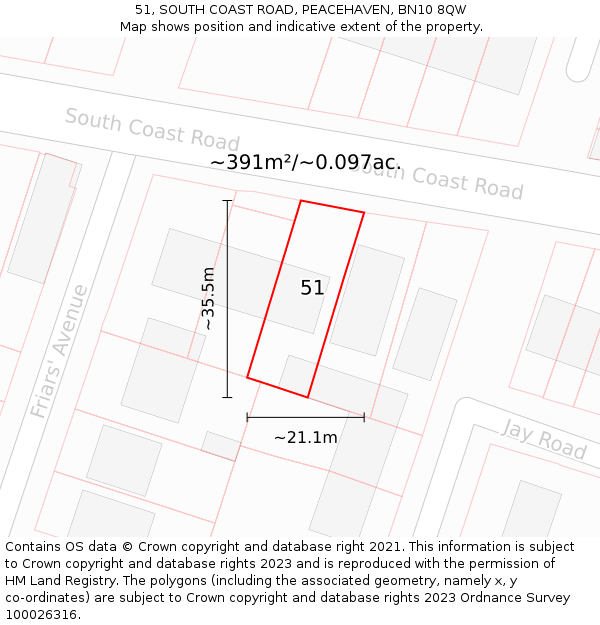 51, SOUTH COAST ROAD, PEACEHAVEN, BN10 8QW: Plot and title map