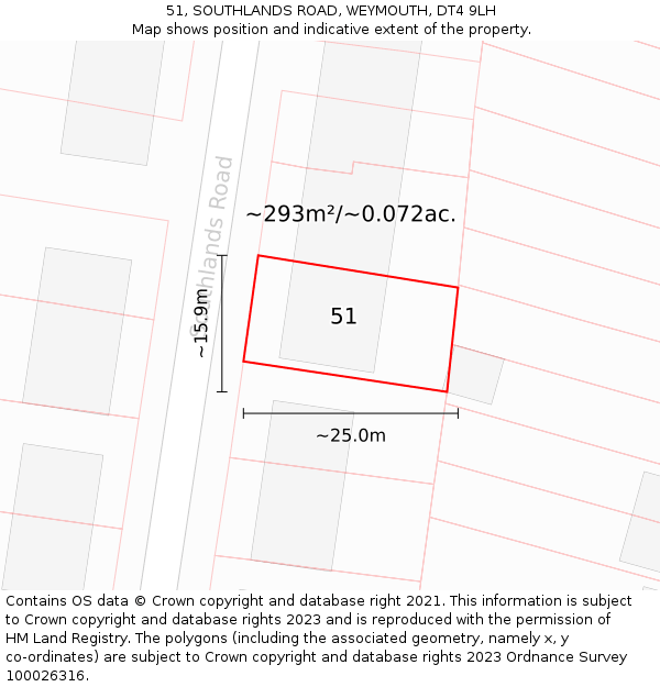 51, SOUTHLANDS ROAD, WEYMOUTH, DT4 9LH: Plot and title map