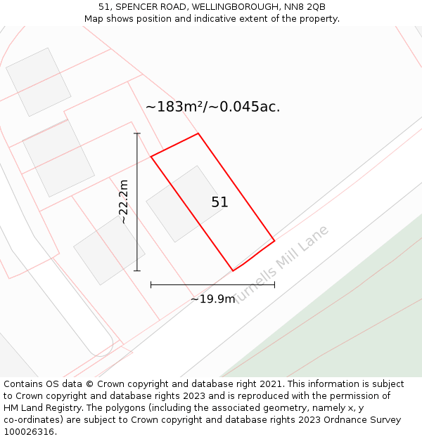 51, SPENCER ROAD, WELLINGBOROUGH, NN8 2QB: Plot and title map