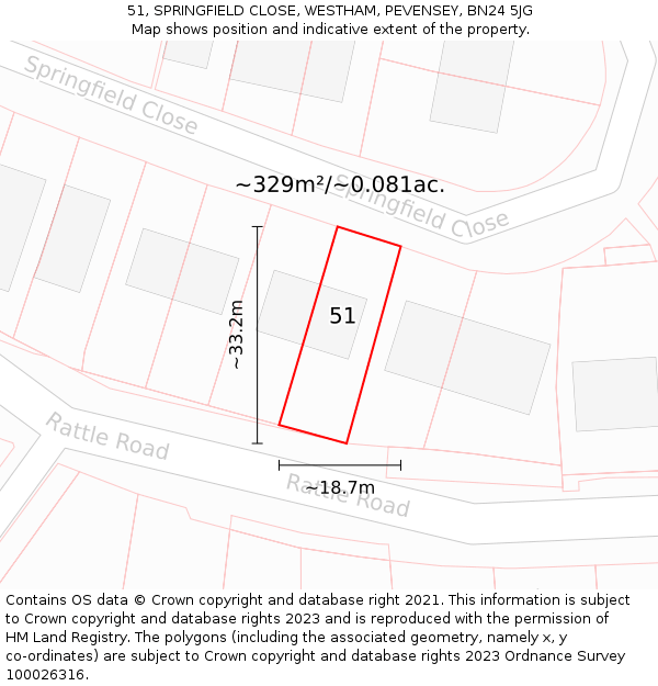 51, SPRINGFIELD CLOSE, WESTHAM, PEVENSEY, BN24 5JG: Plot and title map