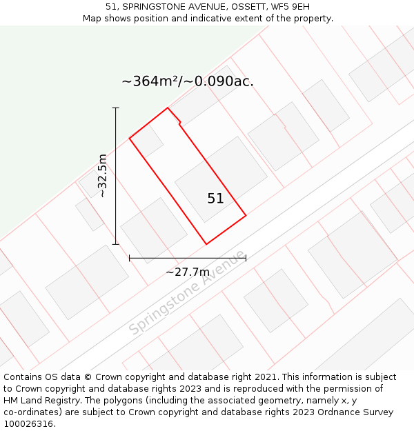 51, SPRINGSTONE AVENUE, OSSETT, WF5 9EH: Plot and title map