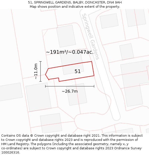 51, SPRINGWELL GARDENS, BALBY, DONCASTER, DN4 9AH: Plot and title map