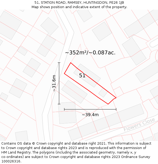 51, STATION ROAD, RAMSEY, HUNTINGDON, PE26 1JB: Plot and title map