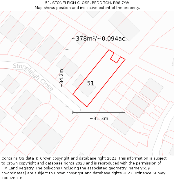 51, STONELEIGH CLOSE, REDDITCH, B98 7YW: Plot and title map