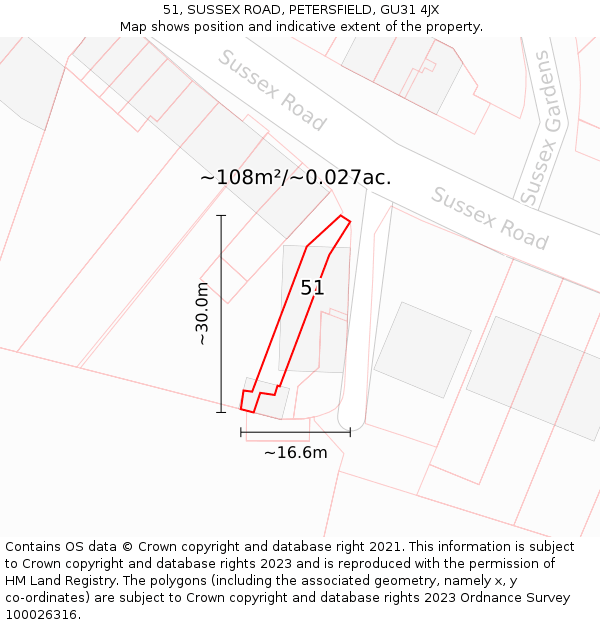 51, SUSSEX ROAD, PETERSFIELD, GU31 4JX: Plot and title map