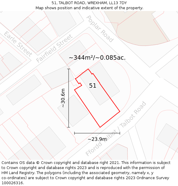 51, TALBOT ROAD, WREXHAM, LL13 7DY: Plot and title map