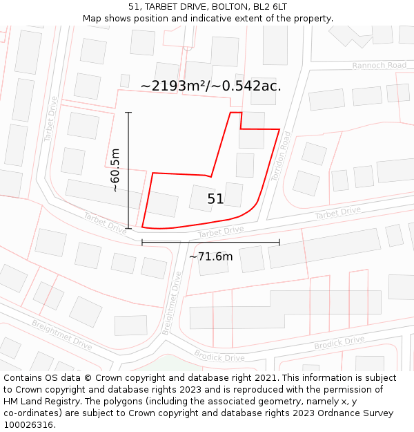 51, TARBET DRIVE, BOLTON, BL2 6LT: Plot and title map