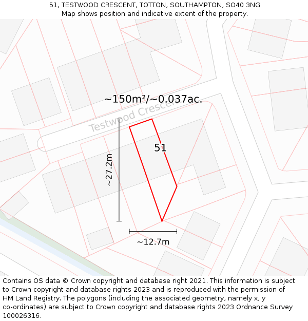 51, TESTWOOD CRESCENT, TOTTON, SOUTHAMPTON, SO40 3NG: Plot and title map