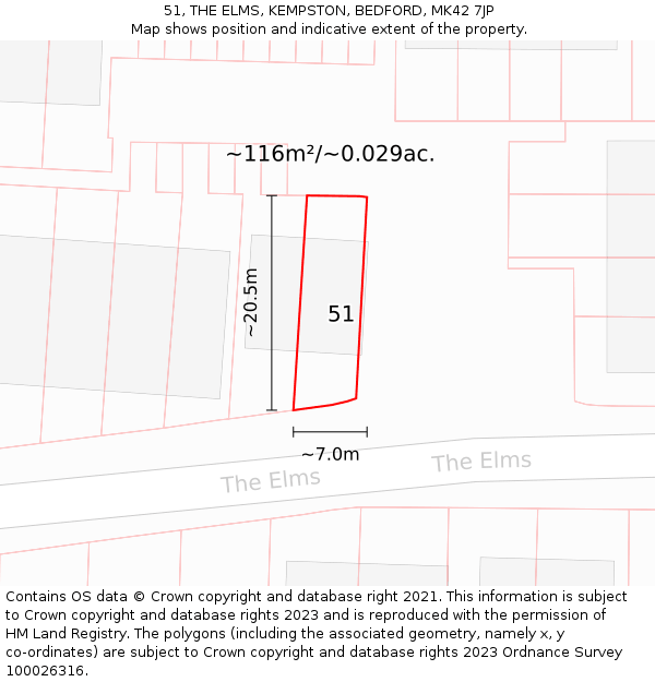 51, THE ELMS, KEMPSTON, BEDFORD, MK42 7JP: Plot and title map