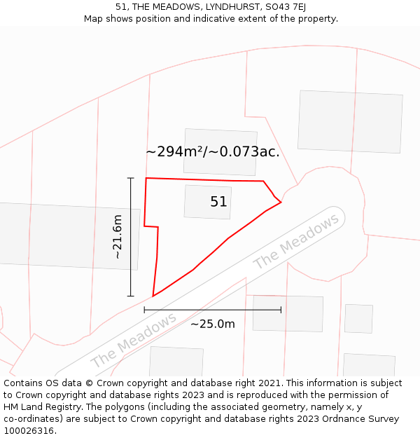 51, THE MEADOWS, LYNDHURST, SO43 7EJ: Plot and title map