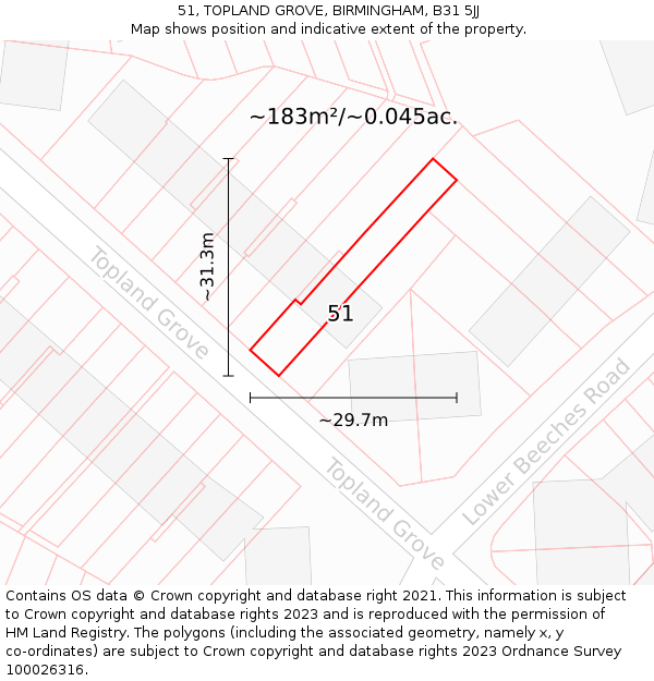 51, TOPLAND GROVE, BIRMINGHAM, B31 5JJ: Plot and title map