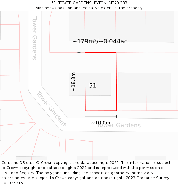 51, TOWER GARDENS, RYTON, NE40 3RR: Plot and title map