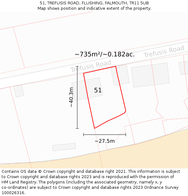 51, TREFUSIS ROAD, FLUSHING, FALMOUTH, TR11 5UB: Plot and title map