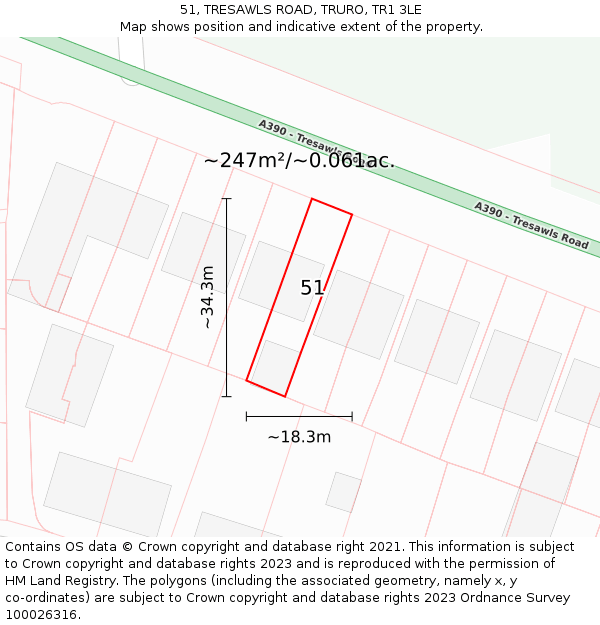 51, TRESAWLS ROAD, TRURO, TR1 3LE: Plot and title map