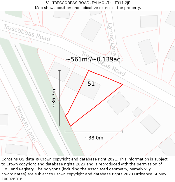 51, TRESCOBEAS ROAD, FALMOUTH, TR11 2JF: Plot and title map